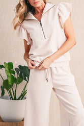 Apricot Textured Ruffle Sleeve Zipped Top and Wide Leg Pants Set