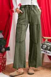 Vineyard Green Mineral Wash Tiered Wide Leg Patchwork Drawstring Pants