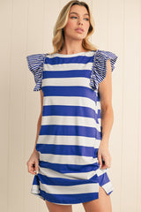Sky Blue Stripe Ruffle Sleeve T Shirt Dress