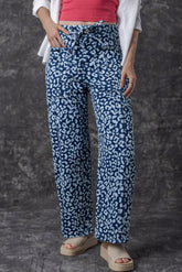 Blue Leopard Printed Drawstring Elastic Waistband Pocketed Barrel Jeans