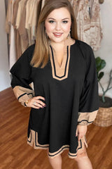 Black Plus Size Color Block Striped Trim V Neck Long Sleeve Shift Mini Dress