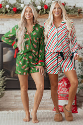 Green Christmas Candy Contrast Trim Bow Knot Silky 2pcs Pajama Set