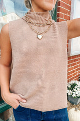 Light French Beige High Neck Sleeveless Knit Vest Regular Wash Hem Slit Casual Sweater Top