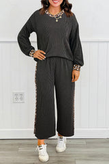 Carbon Grey Twisted Rib Leopard Patchwork Detail 2pcs Pants Set