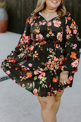 Black Plus Size Floral Print Tie Neck Cinched Waist Long Sleeve Mini Dress