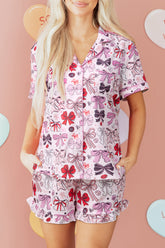 Pink Cute Ribbon Bows Printed 2pcs Short Pajama Set
