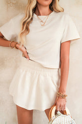 Beige Cropped Tee and Ruffle High Waist Skort Set