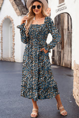 Blue Floral Print Long Sleeve Square Neck Smocked Maxi Dress