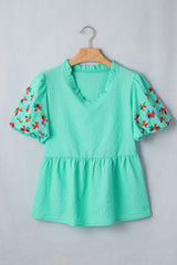 Mint Green Frilled V Neck Flower Embroidered Puff Sleeve Textured Blouse