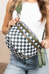 Blackish Green Checkered Print Wide Strap Large Crossbody Bag