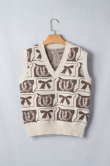 Brown Western Horseshoe Bow Printed V Neck Loose Sweater Vest