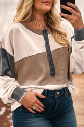 Jet Stream Waffle Patchwork Colorblock Half Buttons Plus Size Top