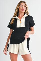 Black Colorblock Zipper Collar T Shirt and Shorts Set
