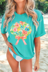 Mint Green Vibrant Floral Glitter Shell Graphic Relaxed T Shirt