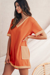 Russet Orange Two Tone Short Sleeve V Neck Patched Pocket Loose Romper