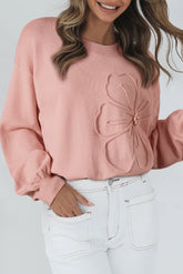Peach Blossom Solid Color Big Flower Drop Shoulder Sweater