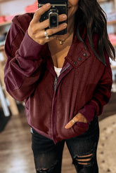 Burgundy Waffle Splicing Zip Up Front Button Hooded Jacket