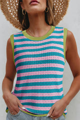Pink Stripe Pointelle Knit Contrast Trim Sleeveless Sweater Top