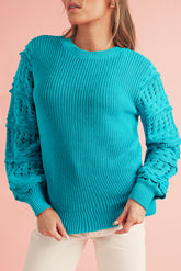 Turquoise Ruffled Eyelet Bubble Sleeve Sweater