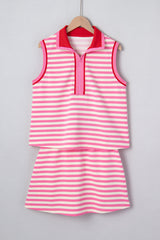 Sachet Pink Textured Stripe Print Contrast Trim Zip Collar Sleeveless 2pcs Skort Set