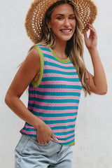 Pink Stripe Pointelle Knit Contrast Trim Sleeveless Sweater Top