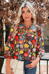 Black Floral Print 3/4 Puff Sleeve Frill Neck Blouse
