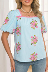 Sky Blue Floral Printed Contrast Ricrac Detail Bubble Sleeve Blouse