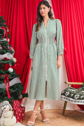 Green Striped V Neck Zip Front Cinched High Waist Midi Dress
