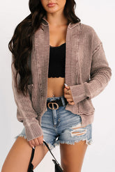Chestnut Mineral Wash Exposed Seam Patchwork Knit Open Sweater Cardigan