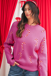 Sachet Pink Christmas Candy Cane Drop Shoulder Sweater