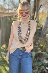 Light French Beige High Neck Sleeveless Knit Vest Regular Wash Hem Slit Casual Sweater Top