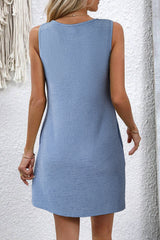 Beau Blue Solid Color Textured Lace Hollowed Detail Sleeveless Mini Dress
