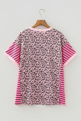 Pink Leopard Striped Contrast Patchwork Plus Size Tee