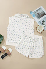 White Floral Print Half Zip Top Matching Short Set