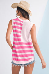 Pink Stripe USA Flag Notched Neckline Loose Knit Vest