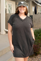 Carbon Grey Corded V Neck Plus Size Shirt Dress