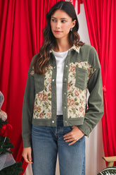 Sage Green Ribbed Retro Floral Patchwork Jacket