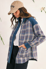 Gray Plaid Corduroy Patchwork Collared Zip Up Snap Button Jacket