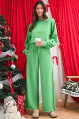 Bright Green Drop Shoulder Crop Pullover Drawstring Wide Leg Pants Set