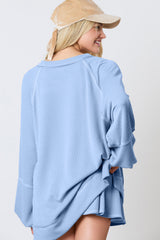 Sky Blue Corded Lantern Sleeve Top High Waist Ruffled Mini Skort Set