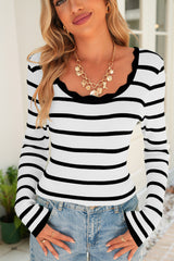 Black White Scalloped Edge Neck Striped Long Sleeve Sweater