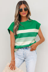 Green Stripe Mixed Print Crew Neck Cap Sleeve T Shirt