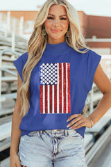 Sky Blue Sequin American Flag High Neck Short Sleeve Top