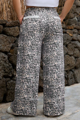 Khaki Plus Size Leopard Print Raw Edge Patch Pocket Drawstring Loose Pants