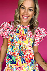 Red Floral Mixed Print Ruffle Cap Sleeve Blouse