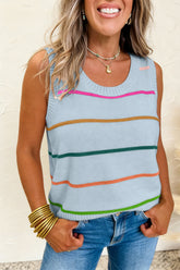Sky Blue Stripe Round Neck Knitted Sweater Tank