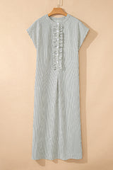 Black Stripe Frilled Detail Half Buttons Short Sleeve Long Dress