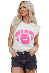 White Sleeveless Round Neck Embroidery Towel Stitch Casual Shift Sweater Vest