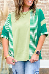 Green Stripe Waffle Patchwork Plus Size T-Shirt