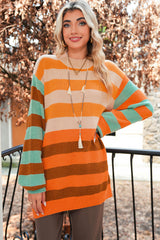 Orange Striped Colorblock High Neck Drop Shoulder Cozy Sweater